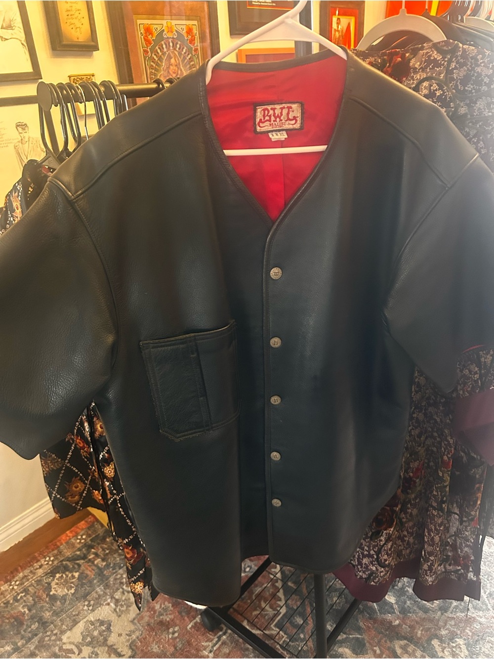 Custom Bill Wall Black Leather Short-Sleeve riding Jacket - Red Lining
